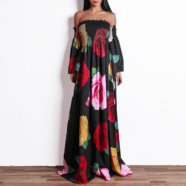 Fashion Ladies Μακρύ φόρεμα με μανίκια  Floral πριντ σε μαύρο και άσπρο χρώμα