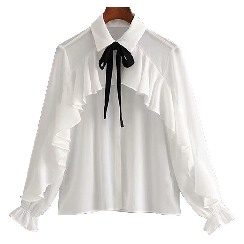 Κομψό γυναικείο πουκάμισο με κορδέλα στο κολάρο σε λευκό χρώμα