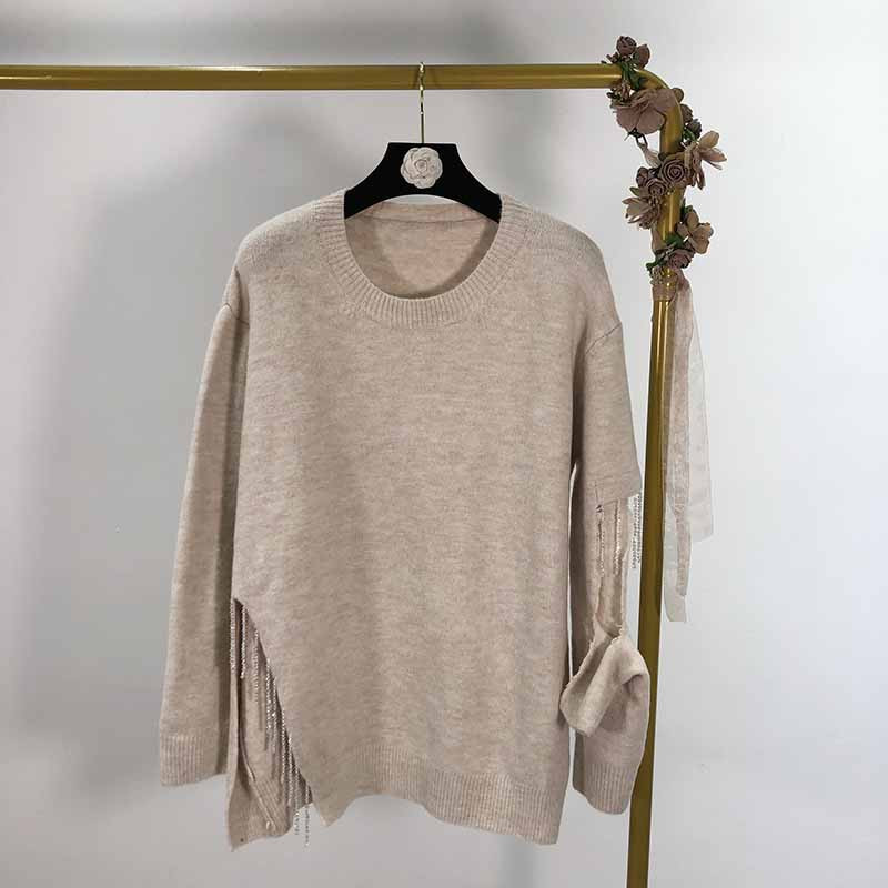 Pulover de dama cu motiv rupt si franjuri in doua culori