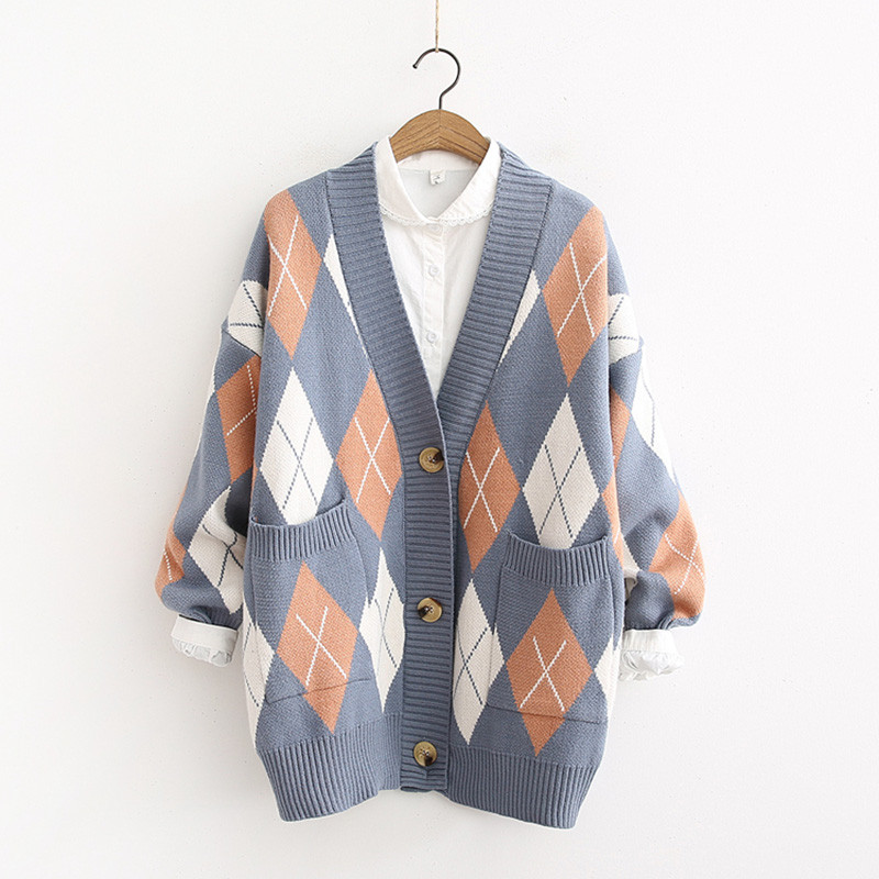 Cardigan de dama model nou cu nasturi si buzunare in albastru si rosu