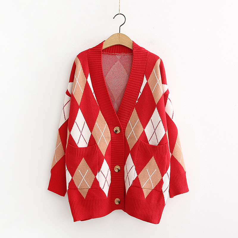 Cardigan de dama model nou cu nasturi si buzunare in albastru si rosu