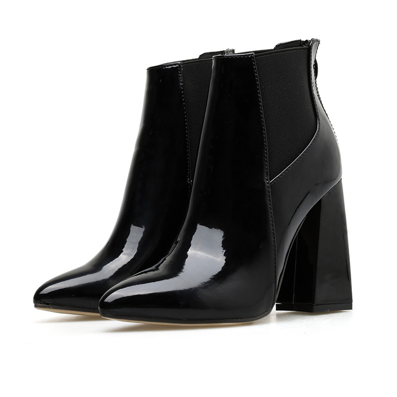 Ghete de dama moderne din piele ecologica cu toc gros de culoare neagra