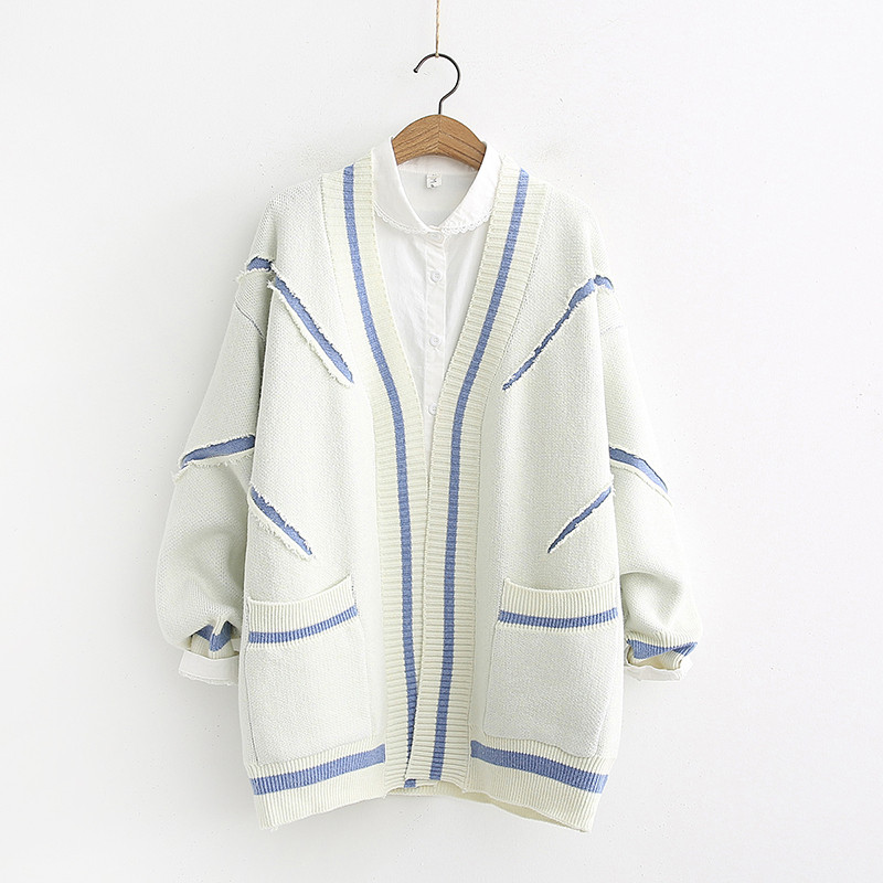 Cardigan de dama model nou cu buzunare in alb si albastru