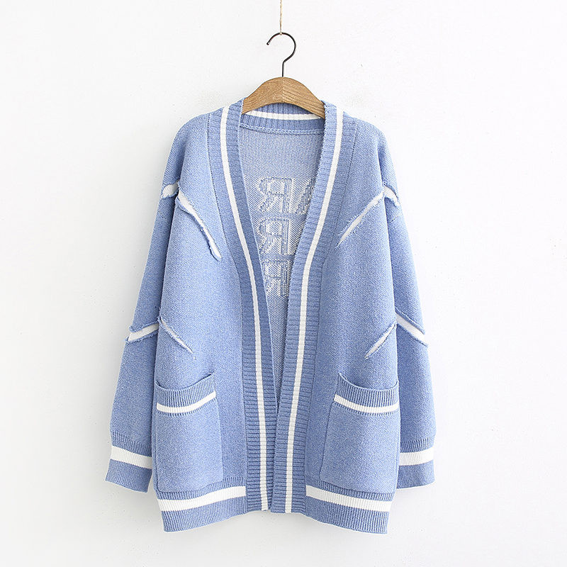 Cardigan de dama model nou cu buzunare in alb si albastru