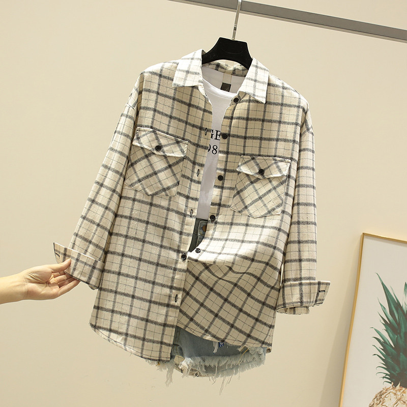 Cămașă de damă în carouri cu buzunare în bej, galben și negru