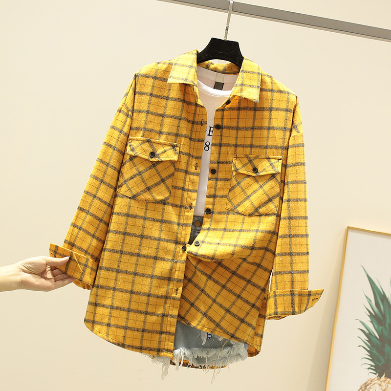 Cămașă de damă în carouri cu buzunare în bej, galben și negru