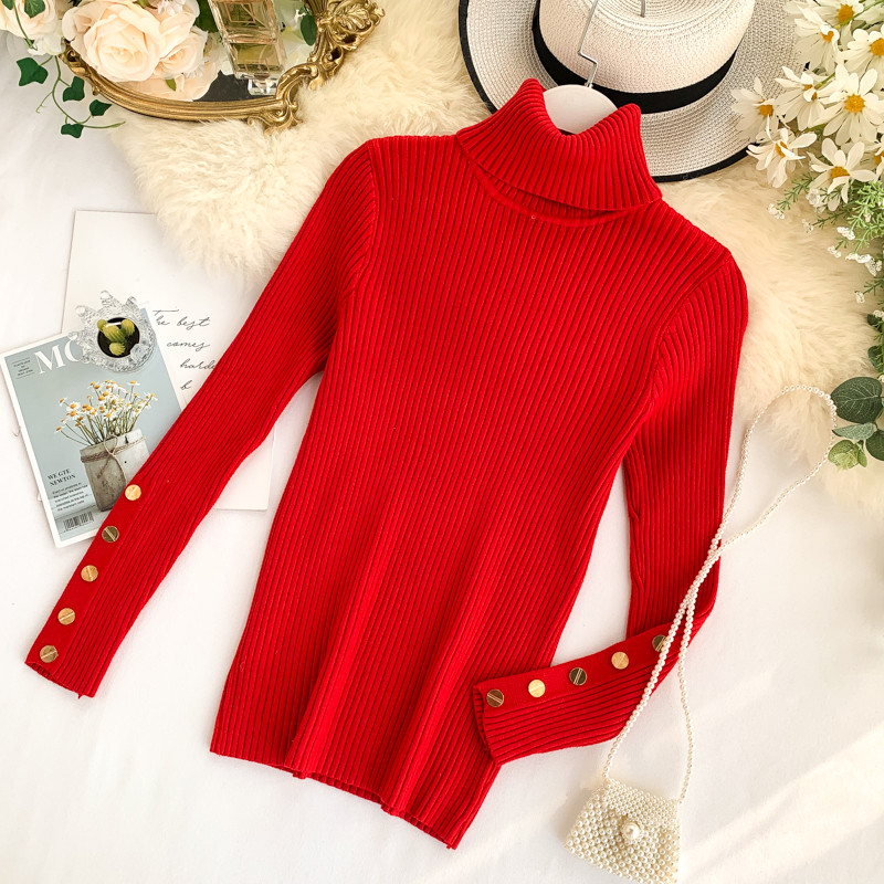 Pulover de dama casual cu guler inalt si nasturi in mai multe culori