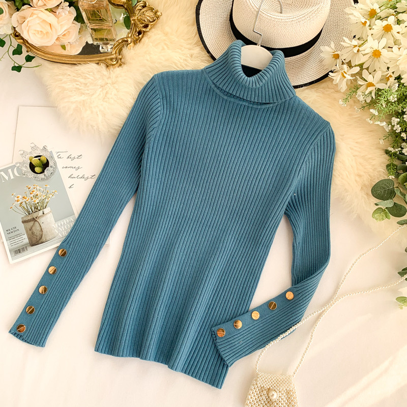 Pulover de dama casual cu guler inalt si nasturi in mai multe culori