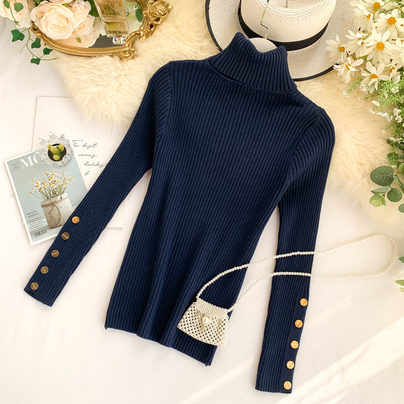 Pulover de dama casual cu guler inalt si nasturi in mai multe culori