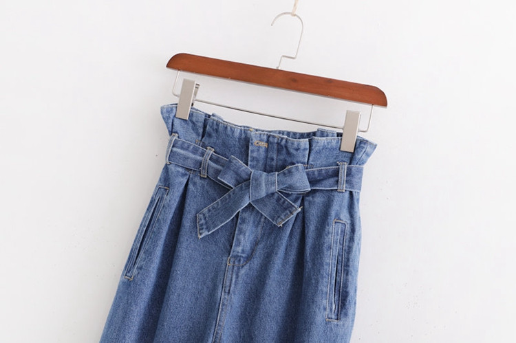 Blugi de dama in albastru cu cravate in talie si glezne