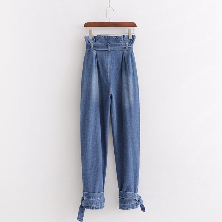 Blugi de dama in albastru cu cravate in talie si glezne