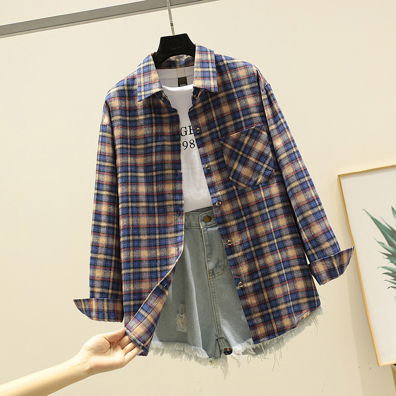 Cămașă modernă de damă cu buzunar în albastru, verde și maro