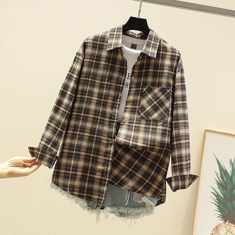 Cămașă modernă de damă cu buzunar în albastru, verde și maro