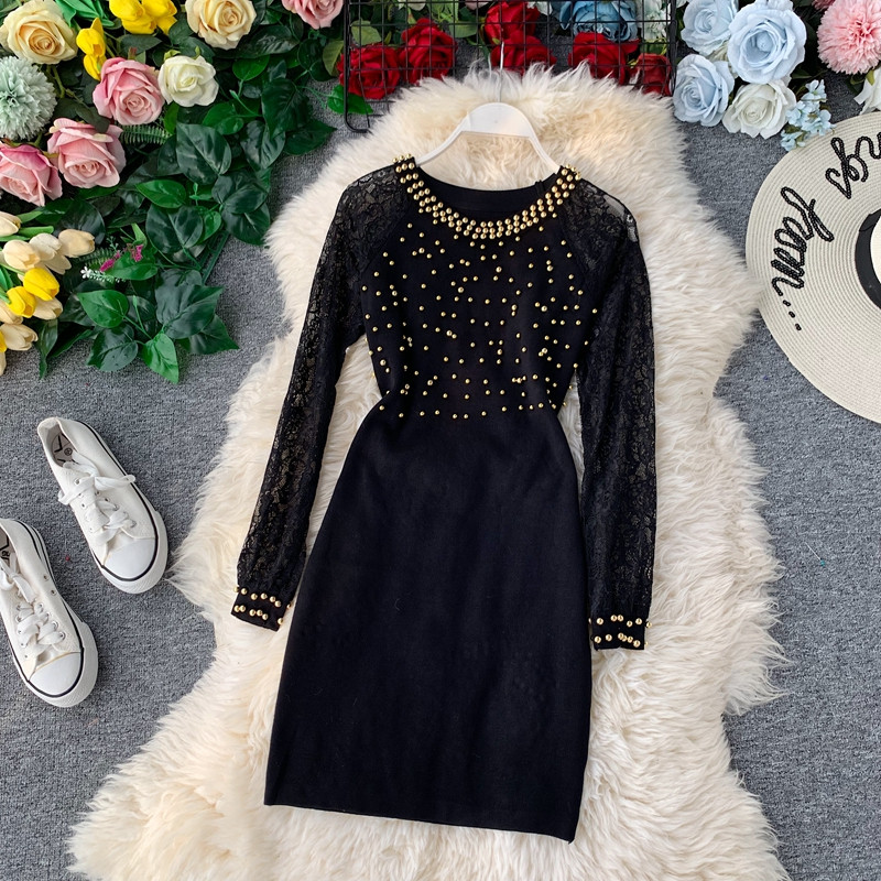 Rochie elegantă de damă, cu perle și mâneci din dantelă, de culoare neagră