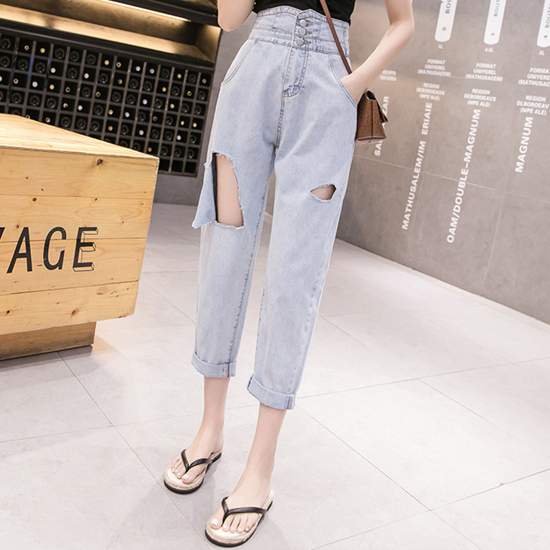 Blugi de dama moderni de culoare albastru deschis cu talie inalta