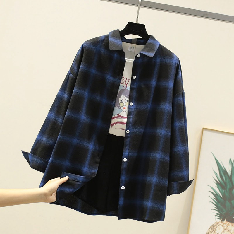 Cămașă de damă în carouri cu mâneci lungi în albastru, galben, verde și negru