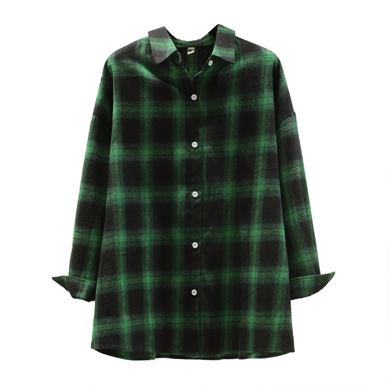 Cămașă de damă în carouri cu mâneci lungi în albastru, galben, verde și negru