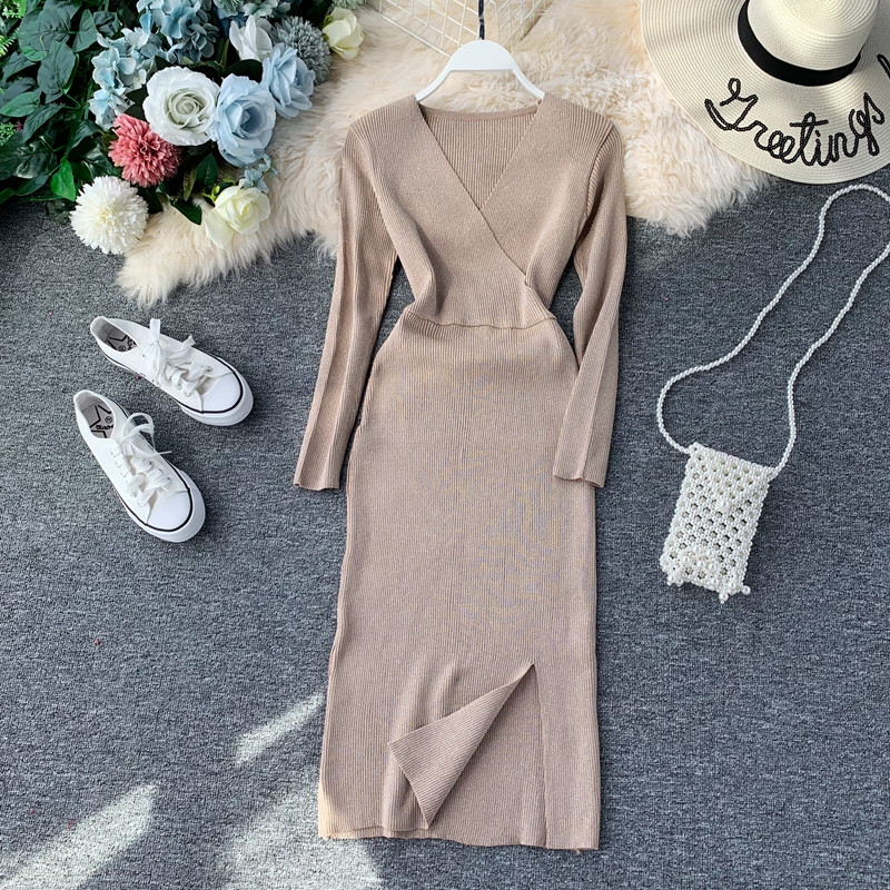 Rochie de dama din tricotat subtire cu decolteu in V in mai multe culori