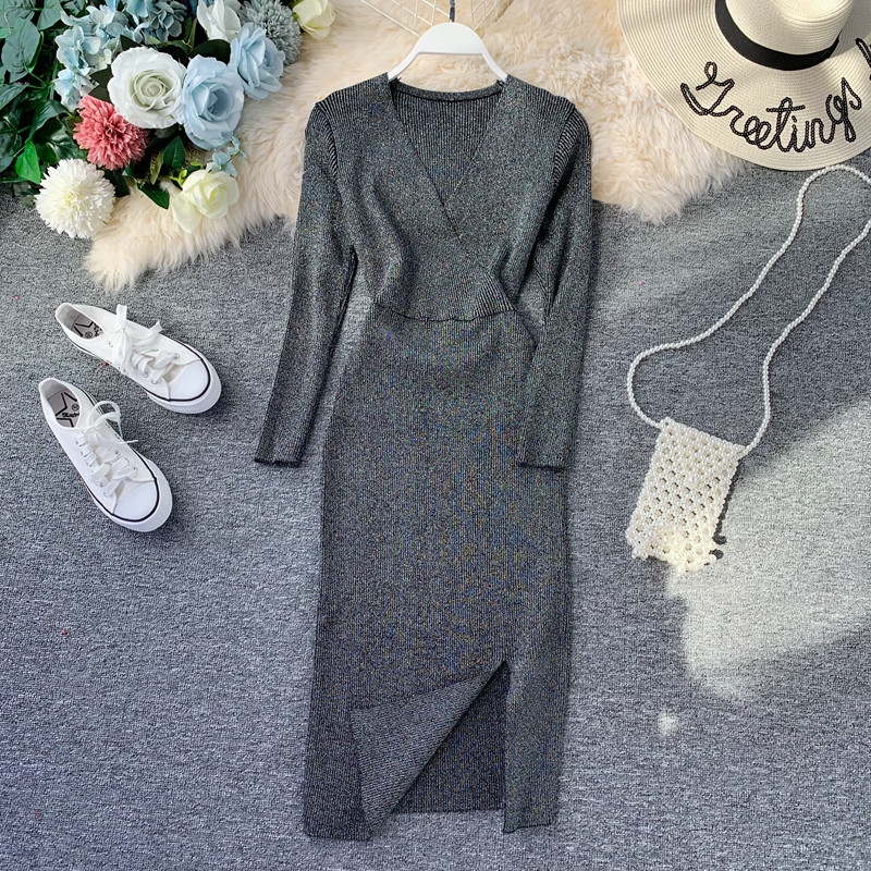 Rochie de dama din tricotat subtire cu decolteu in V in mai multe culori