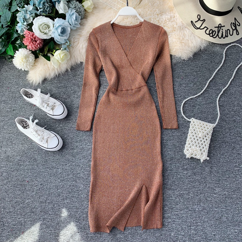 Rochie de dama din tricotat subtire cu decolteu in V in mai multe culori