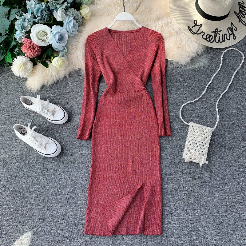 Rochie de dama din tricotat subtire cu decolteu in V in mai multe culori