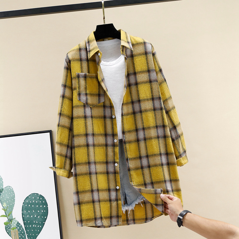 Cămașă lungă de damă în carouri cu buzunar și mâneci lungi în mai multe culori