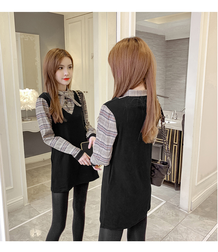 Rochie actuală de damă în maro și negru cu mâneci lungi