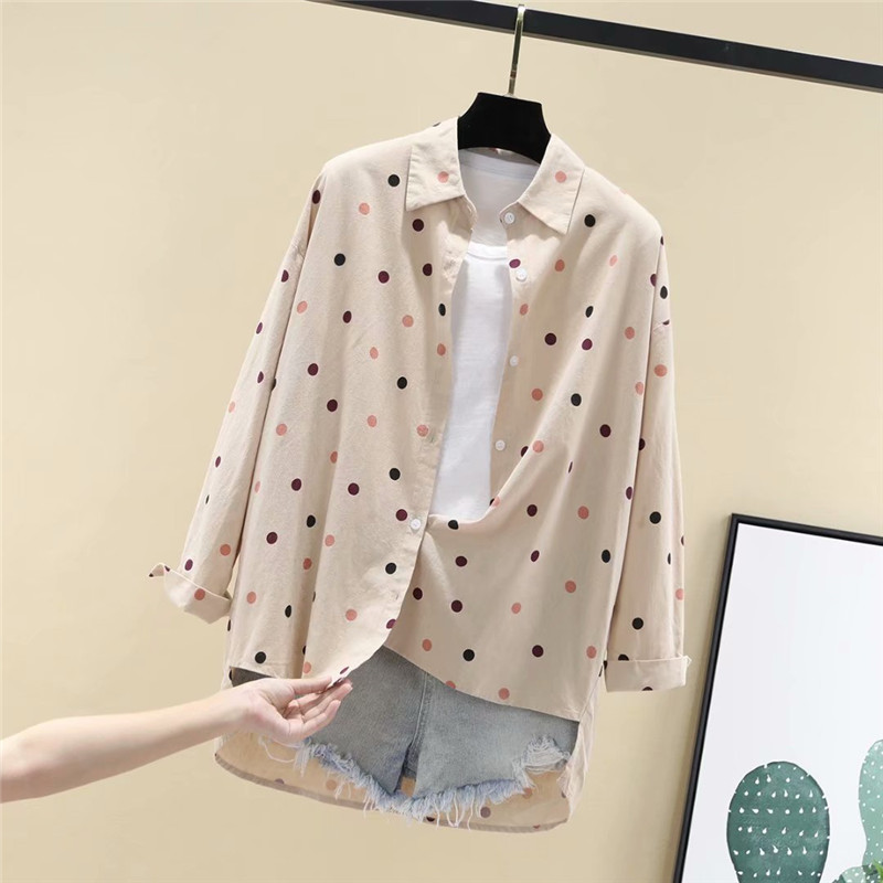 Camasa de dama model nou cu puncte in alb, albastru si bej