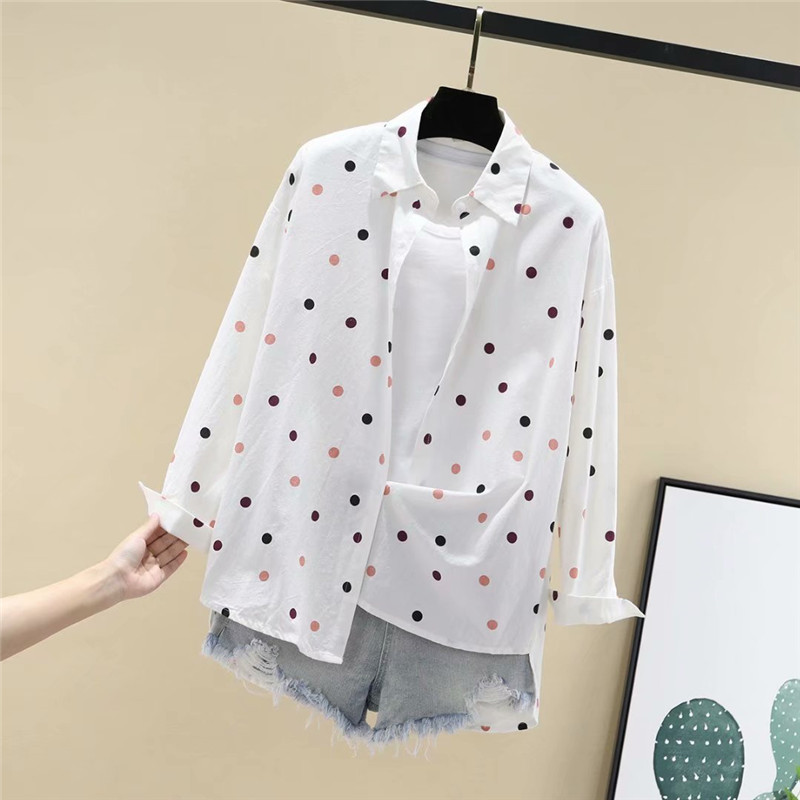 Camasa de dama model nou cu puncte in alb, albastru si bej