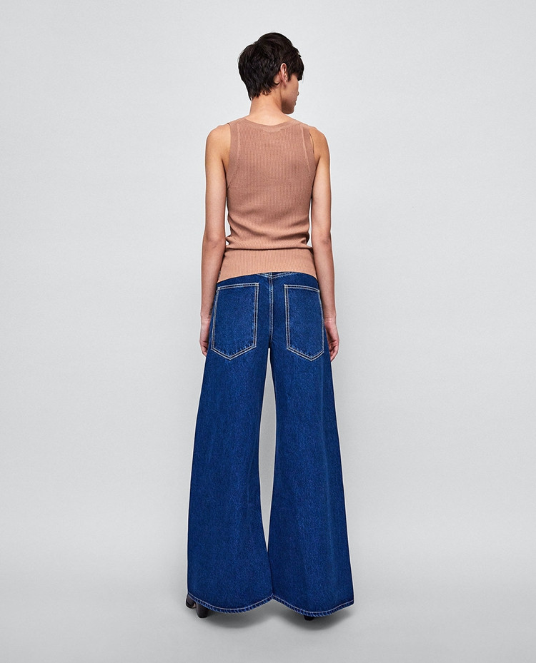 Blugi de dama de culoare albastru inchis cu talie inalta - model larg