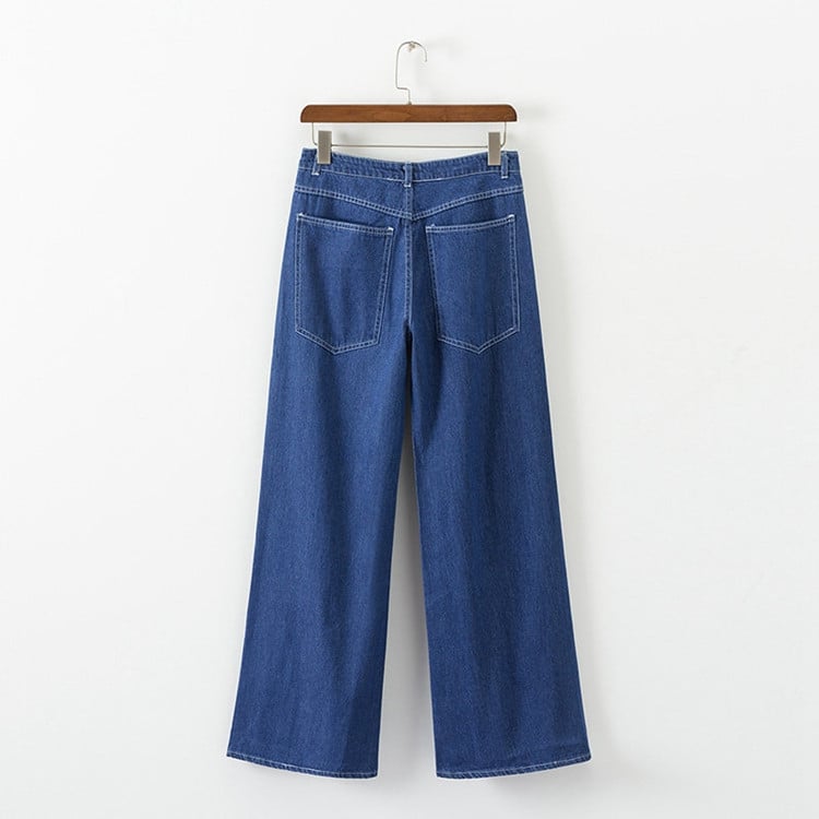 Blugi de dama de culoare albastru inchis cu talie inalta - model larg