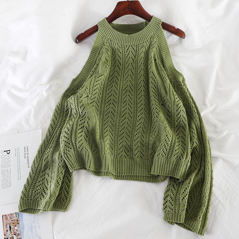 Pulover de dama modern cu umerii goi in negru, verde si alb