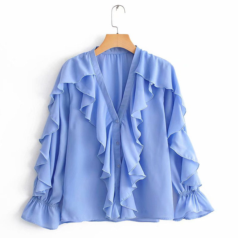 Stílusos női ing spitz nyakkivágással, kék és rózsaszín színben