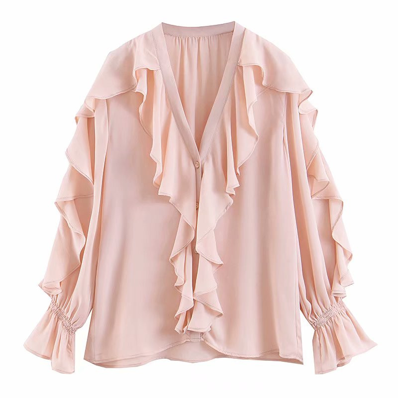 Stílusos női ing spitz nyakkivágással, kék és rózsaszín színben