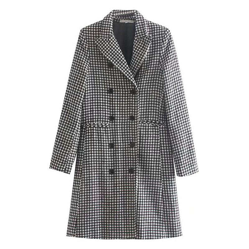 Modern női kockás kabát - hosszú modell spitz nyakkivágással, fekete-fehér színben