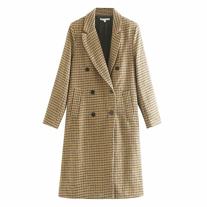 Palton de damă în carouri cu decolteu spitz de culoare bej