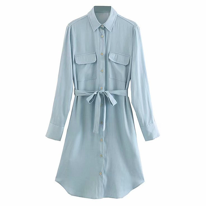 Camasa de dama tip rochie cu curea in talie de culoare albastra