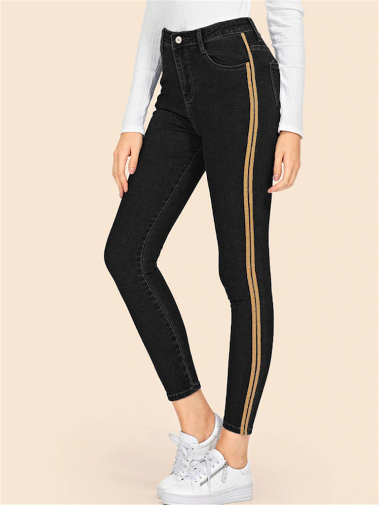 Blugi lungi casual de dama cu talie inalta in negru