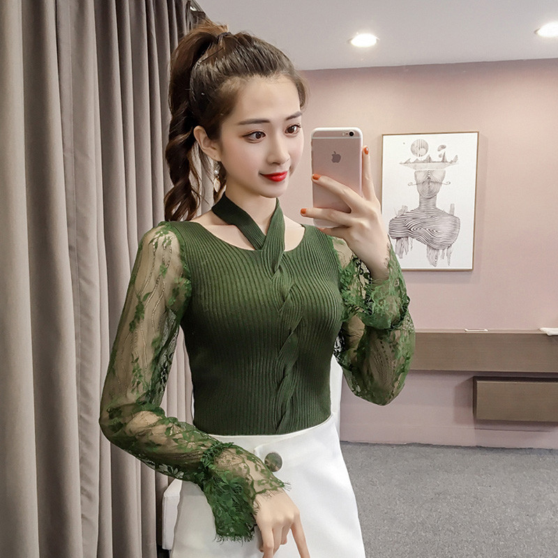 Μοντέρνα γυναικεία πλεκτή μπλούζα με δαντελωτά μανίκια σε διάφορα χρώματα