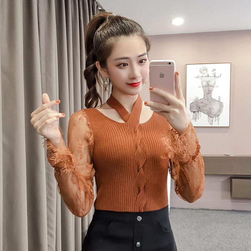 Μοντέρνα γυναικεία πλεκτή μπλούζα με δαντελωτά μανίκια σε διάφορα χρώματα