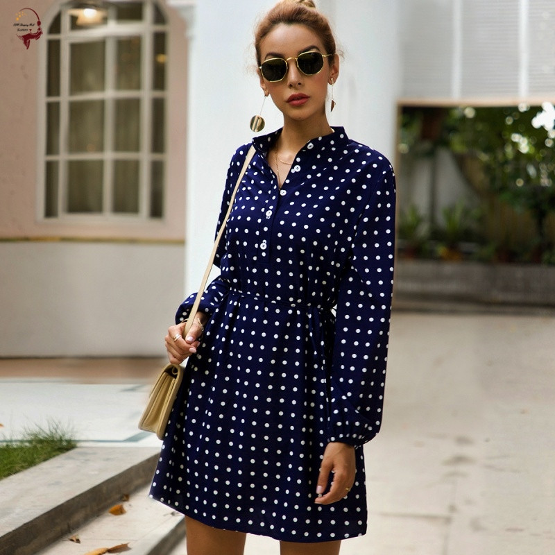 Casual κοντό γυναικείο φόρεμα με υψηλό κολάρο σε μπλε χρώμα