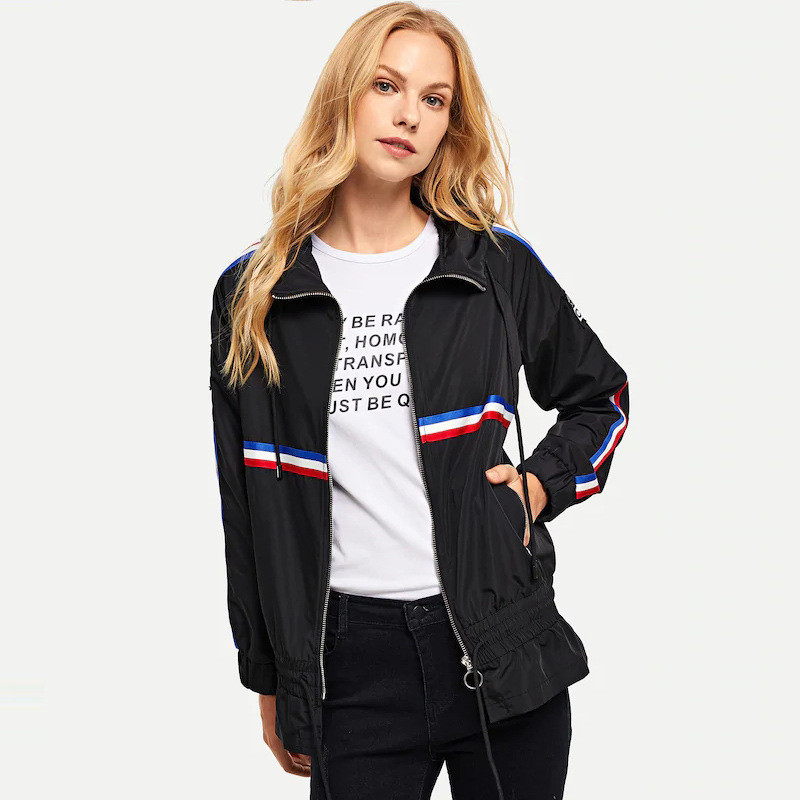 Jachetă casual de toamnă de damă cu șireturi și fermoar de culoare neagră