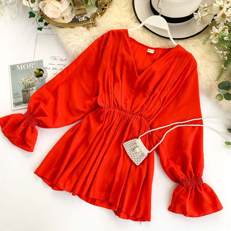 Cămașă modernă de damă cu decolteu spitz și mâneci largi în trei culori