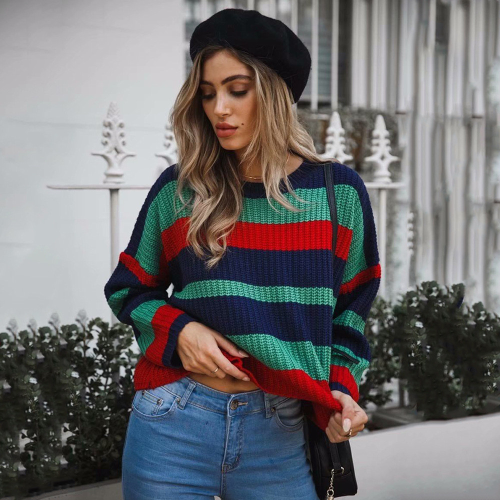 Χειμερινό  ριγέ γυναικείο πουλόβερ με δαντέλα σε διάφορα χρώματα