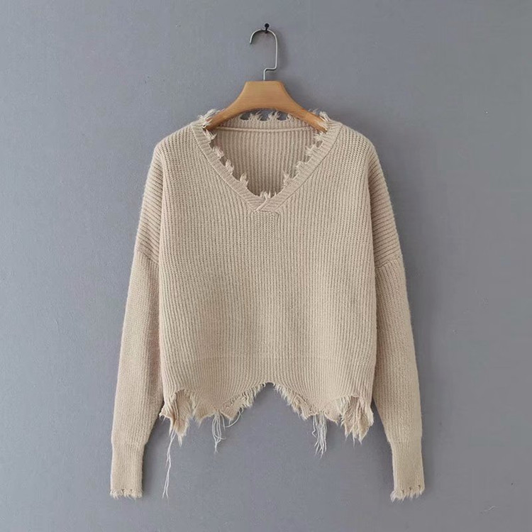 Σύντομο γυναικείο πουλόβερ  με σκισμένο μοτίβο και μακρύ μανίκι