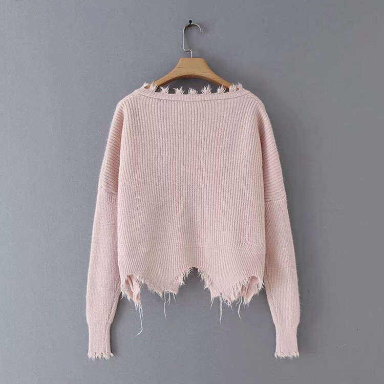 Σύντομο γυναικείο πουλόβερ  με σκισμένο μοτίβο και μακρύ μανίκι