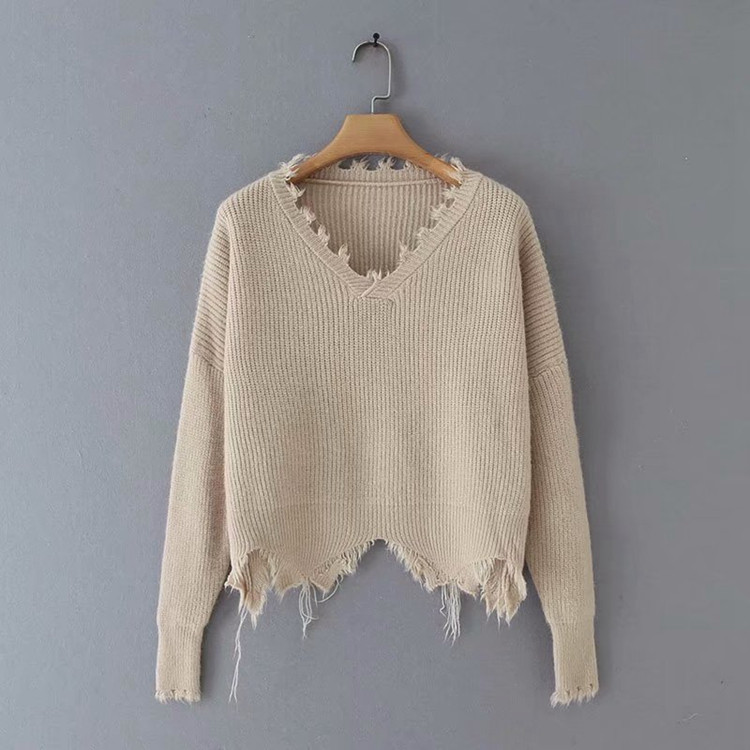 Σύντομο γυναικείο πουλόβερ  με σκισμένο μοτίβο και μακρύ μανίκι