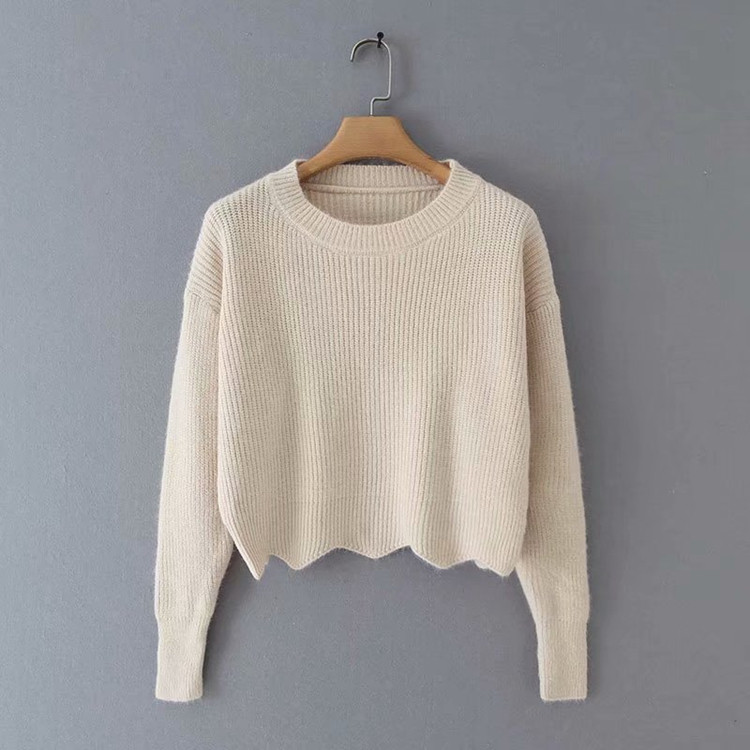 Σύντομο γυναικείο πουλόβερ με ωοειδές λαιμόκοψη σε μπλε, μπεζ και πράσινο χρώμα