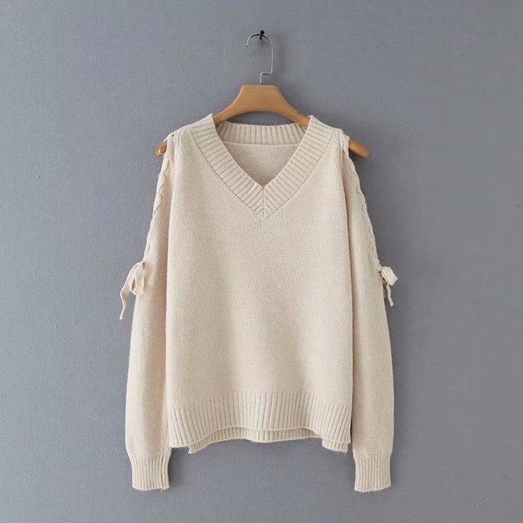 Pulover de dama cu cravate si umerii goi in albastru si bej