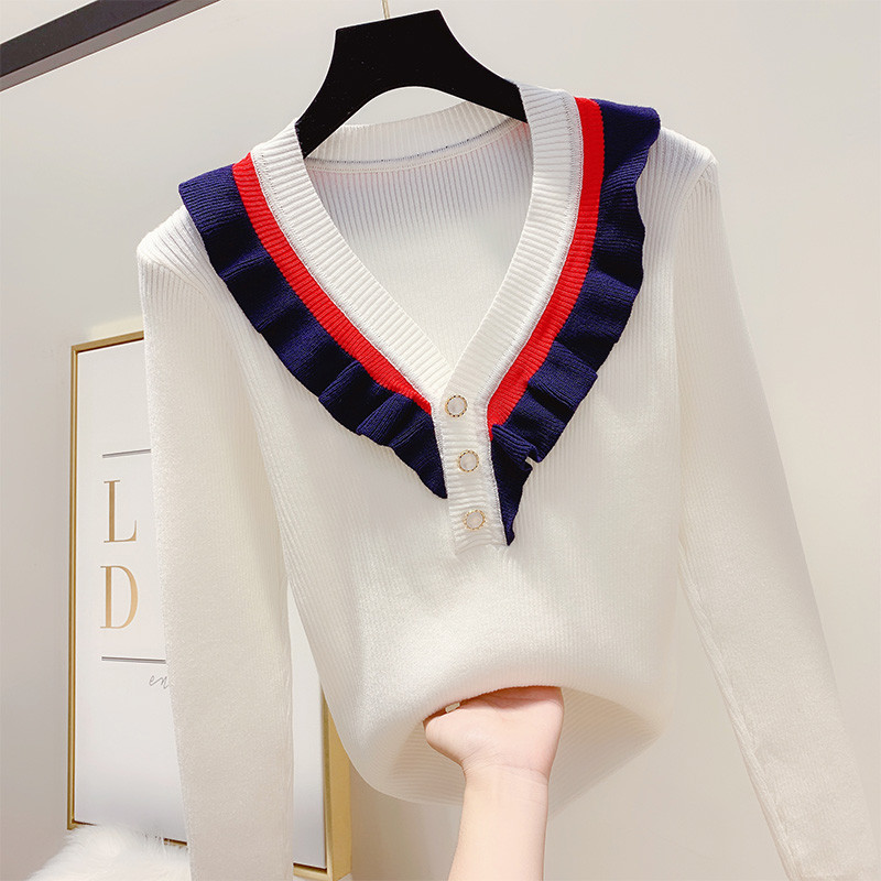 Női pulóver spitz nyakkivágással és gyöngyökkel több színben